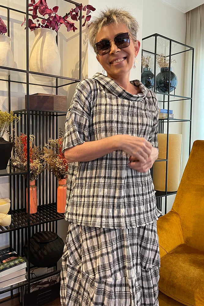 Top con estampado de cuadros en tejido efecto arrugado